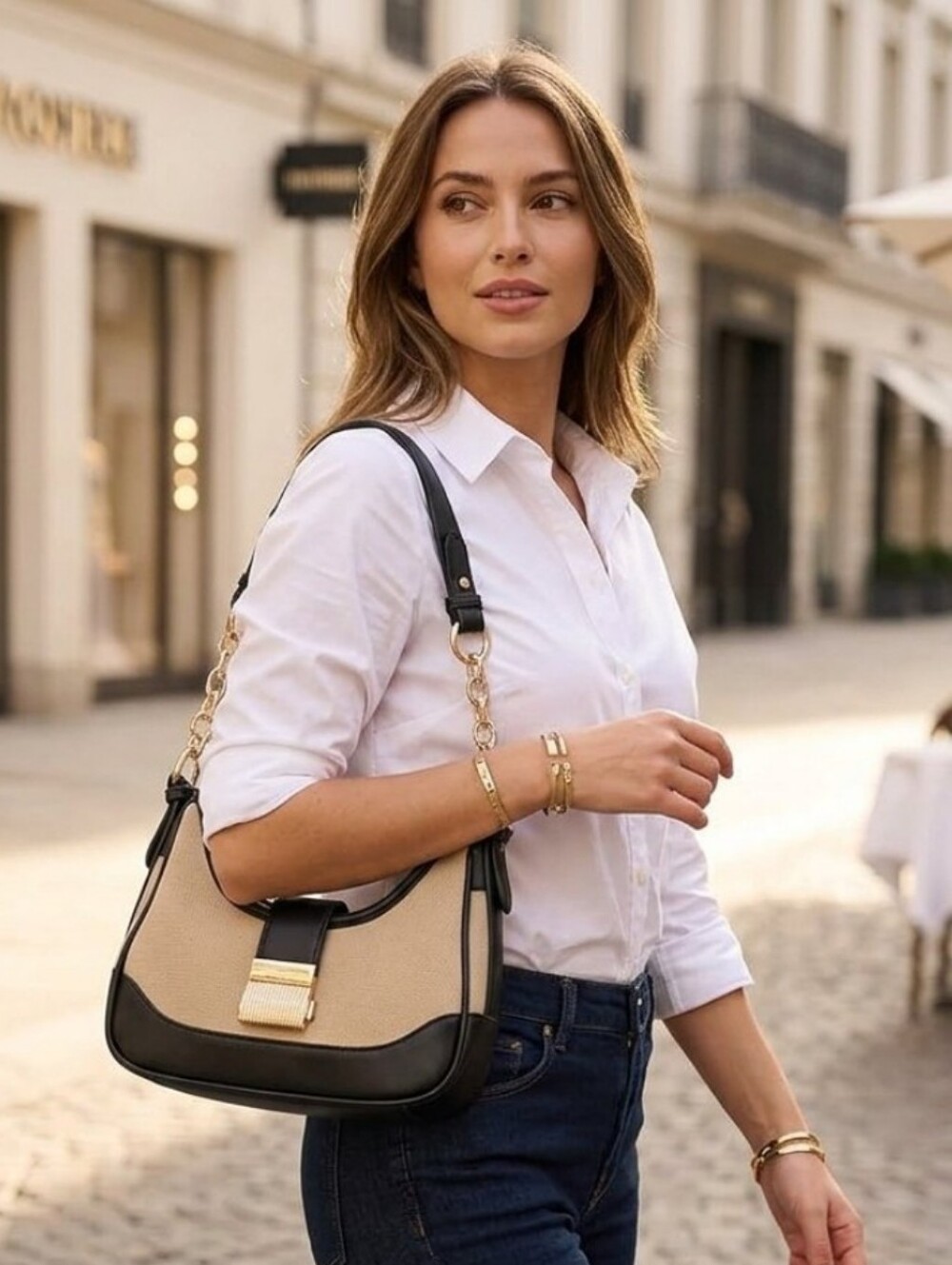 Rachel Zoe Black and Beige Mini Shoulder Bag with Gold Chain Accent